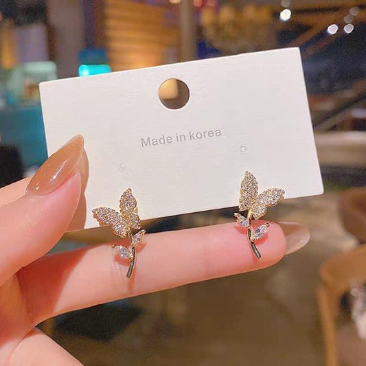 Golden Butterfly Flower Style Zircon Studs For Women Girls